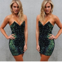 Sexy Strapless V-neck Sequins Party Dress