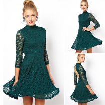 Sexy Backless Hollow Out Lace Long Sleeve Dress