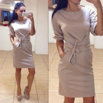 Fashion Solid Color Round Neck Slim Fit Dress with Sash