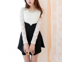 Sweet Lace Spliced Long Sleeve Round Neck Contrast Color Dress