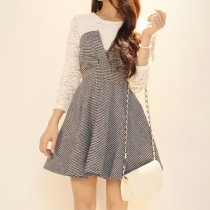 Fashion Lace Spliced Long Sleeve Round Neck Houndstooth Dress