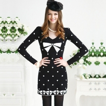 Fashion Dots Bowknot Pattern Long Sleeve Slim Fit Knitted Dress