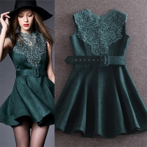 Elegant Lace Spliced Solid Color Sleeveless Slim Fit Dress