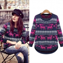 Cute Animal Pattern Long Sleeve Round Neck Knitted Sweater