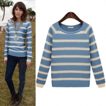 Fashion Long Sleeve Round Neck Striped Knitted Sweater