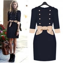 Sweet Bowknot Double-breasted Half Sleeve Slim Fit Dress