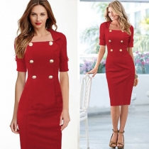 Fashion Solid Color Double-breasted Half Sleeve Dress(The size runs small)