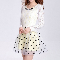 Stylish Lace Spliced Floral Embroidered Polka-dot Print Bubble Dress