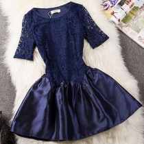 Retro Floral Embroidered Cutout Lace Spliced Half-sleeve Dress