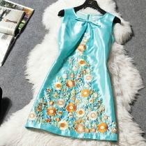 Mixed Color Flowers Embroidery Bowknot Tank Shift Dress 