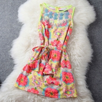 Celebrity Beaded Colorful Flower Print Belted Tank Dress