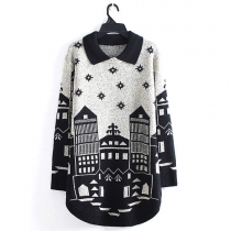 Long Sleeve Castle Graphic Loose Fit Arc Hem Sweater Pullover 