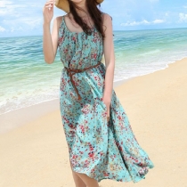 ]Floral Print Beach Party Maxi Spaghetti Strap Dress Sundress