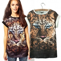 Leopard Face Print Short Sleeve Loose Fit T Shirt Tops