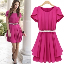 Bright Color Short Sleeve Belted Bodycon Pleated Ruched Chiffon Dress 