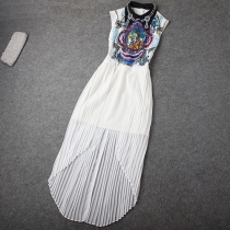 Vintage Rhinestones Dip Hem Print Bodycon Pleated Maxi Dress 