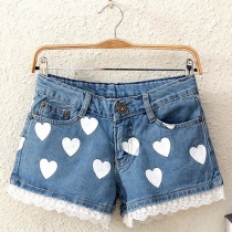 Love Heart Blue Denim Cutoffs Lace Short Jeans Pants 