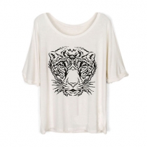 Tiger Head Print Loose Half Sleeve T Shirt 
