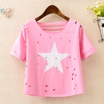 Casual Fashion Pentagram Graphic Hollow Out Short-length T-shirt