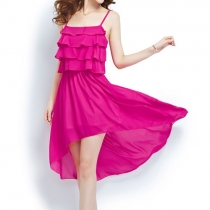 Asym Hem Red Low-cut Tiered Stretchy High-waisted Slip Dress