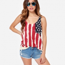 Fashion American Flag Floral Print Spliced Wrinkled Sleeveless Vest t-Shirt