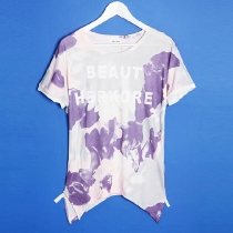 Fashion Irregular Hemline Letter Purple Floral Print Loose Short Sleeve T-Shirt
