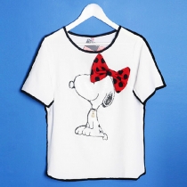 Cute Snoopy Pattern Bowknot Sequin Pearl Loose Short Sleeve T-Shirt