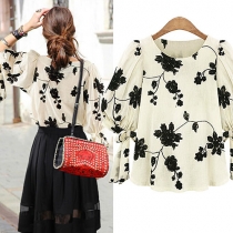 Bowknot Half Sleeve Floral Embroidery Loose Blouse Top 