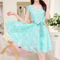 Sweet Bowknot Hollow Out Lace Engraving Flower Short Sleeve Dress