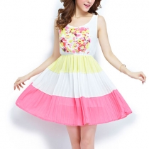 Mixed Color Floral Print Stretchy Sleeveless Pleated Dress 