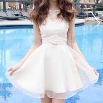 Korean Style Embroidery Lace Chiffon Short Sleeve Dress with Bowknot Belt