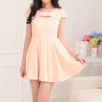 Candy Color Cutout Short Sleeve Checkered Pleated Mini Dress