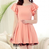Candy Color Ruffled Cap Sleeve Bodycon Pleated Dress 