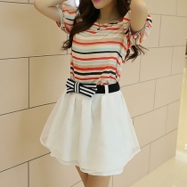 Sweet Girl Multicolor Stripe Bowknot Short Sleeve Dress 