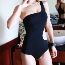 Sexy Black One-Shoulder Hollow Out One Piece Swimwear Bikini