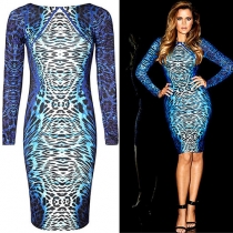 Sexy Blue Leopard Backless Long-sleeved Dress