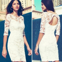 Fashion Half Sleeve Backless Hollow Out Lace Embroidery Dress