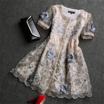 Elegant Short Sleeve Mixed Color Embroidered 3D Embroidery Organza Dress