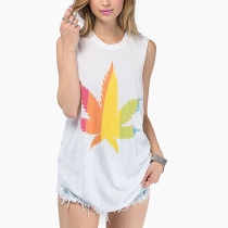 Fashion Colorful Maple Leaf Floral Print Sleeveless Loose T-Shirt