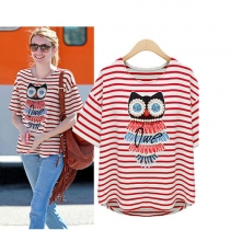 Fashion Owl Print Beads Strips Short-sleeved T-Shirt