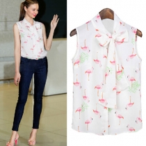 Fashion Crane Floral Print Bowknot Sleeveless Chiffon Shirt