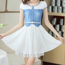 Floral Lace Short Sleeve Button Front Pleated Denim Dress 