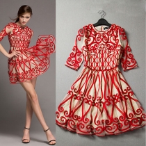 Fashion Braided 3D Embroidery Half Sleeve Dress