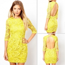 European Style Sexy Backless Half Sleeve Lace Dress