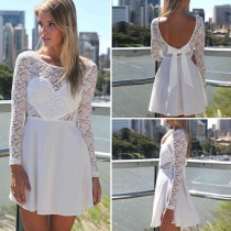 Sexy Backless Bowknot Lace Spliced Long-sleeved Dress