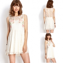 Sweet Floral Print Backless Sleeveless Lace Dress