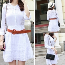 Fashion Hollow Out Lace Embroidery Long-sleeved Dress with Waistband