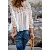 Fashion Hollow Out Crochet Lace Spliced Long-sleeved Chiffon Tops