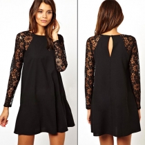 Fashion Lace Spliced Round Neck Long-sleeved Dress