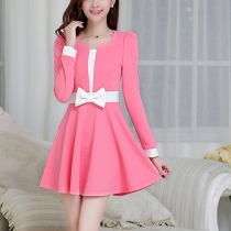 Fashion Contrast Color Long-sleeved Bowknot Dress